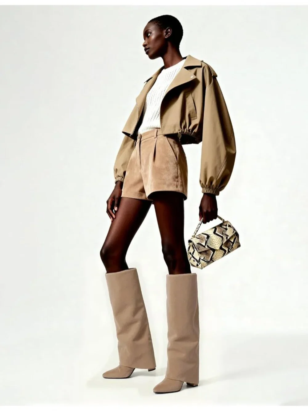 Women's Camel Suede Pointed Toe Chunky Heel Faux Leather Over The Knee Boots